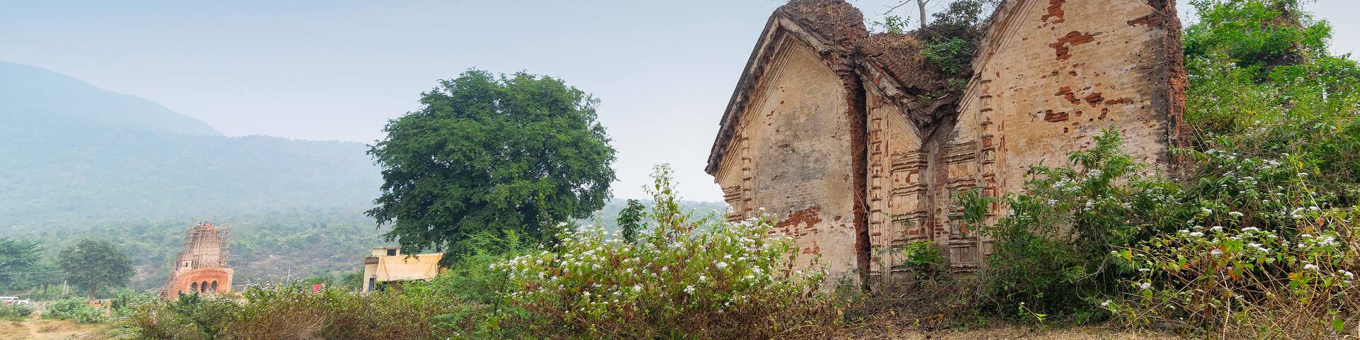 Ruins of Garhpanchkot Garh, fort with blue sky in the background, Purulia- West Bengal, India. Garpanchkot name evolved from the gar or garh, fort of the king of Kashipur, who built this old temple.