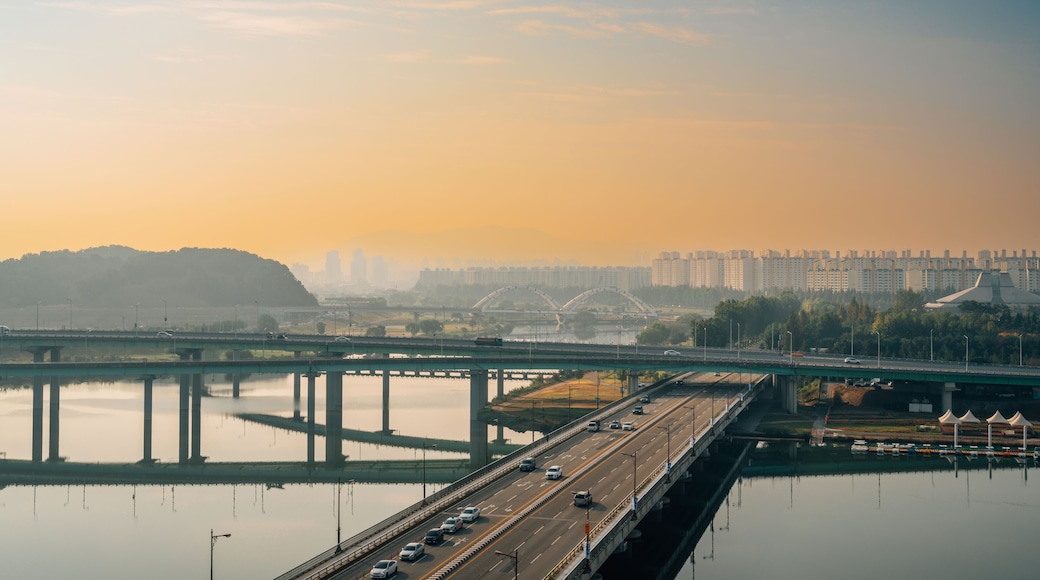 Panoramic view of Daejeon city and Gapcheon river at sunrise in Korea
