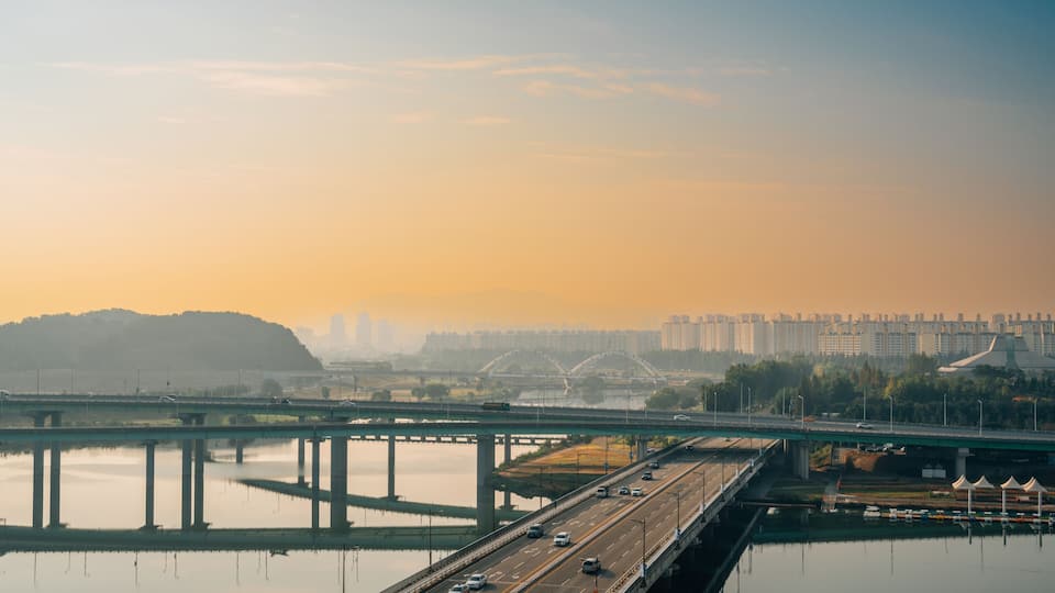 Panoramic view of Daejeon city and Gapcheon river at sunrise in Korea