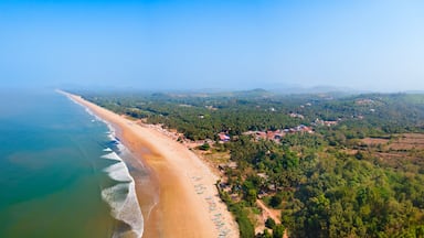 A coastal landscape with a sandy beach, a clear blue sky, and a backdrop of green hills and scattered buildings.