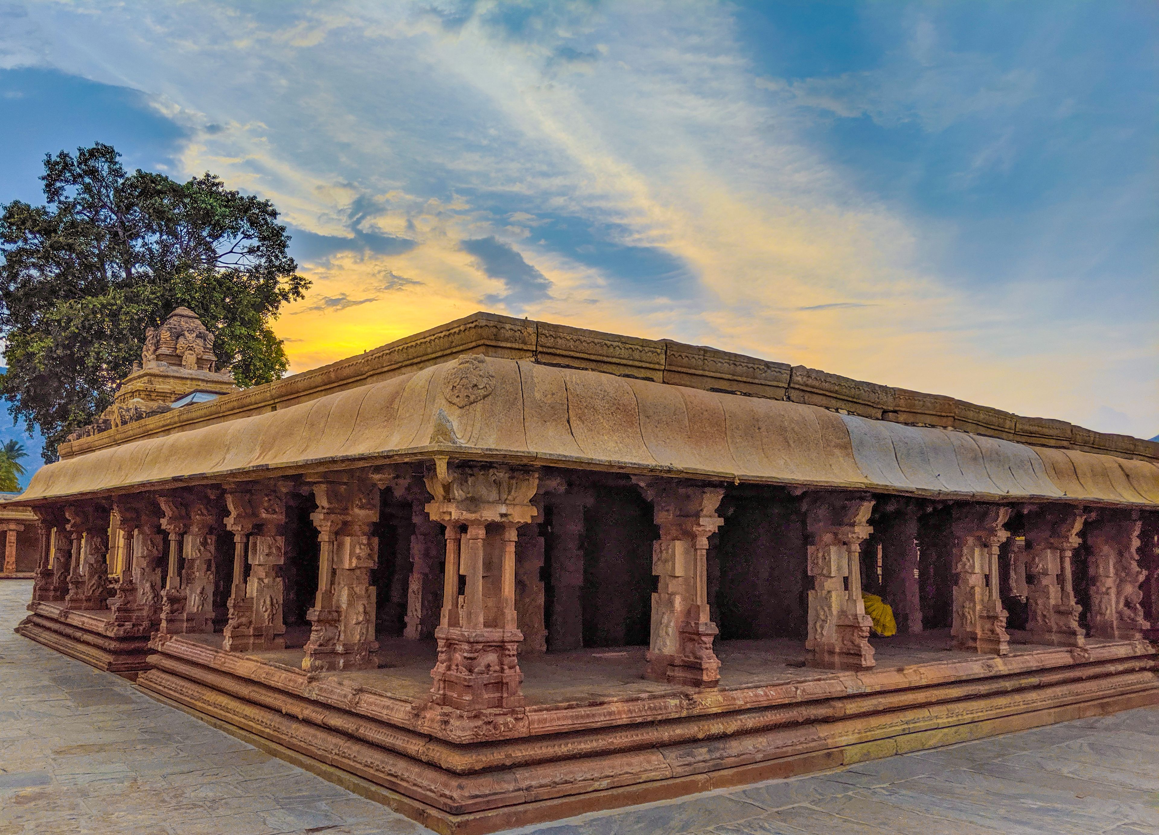 An ancient temple with intricate carvings and a large tree in the background.