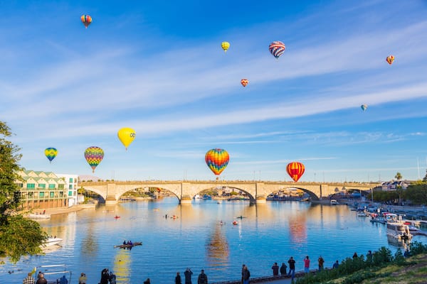 Hot Air Balloons over the London Bridge; Shutterstock ID 173708021