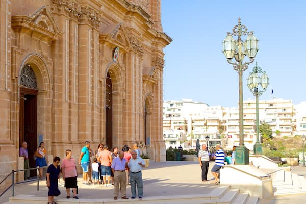 Mellieha Church featuring religious elements, street scenes and a church or cathedral
