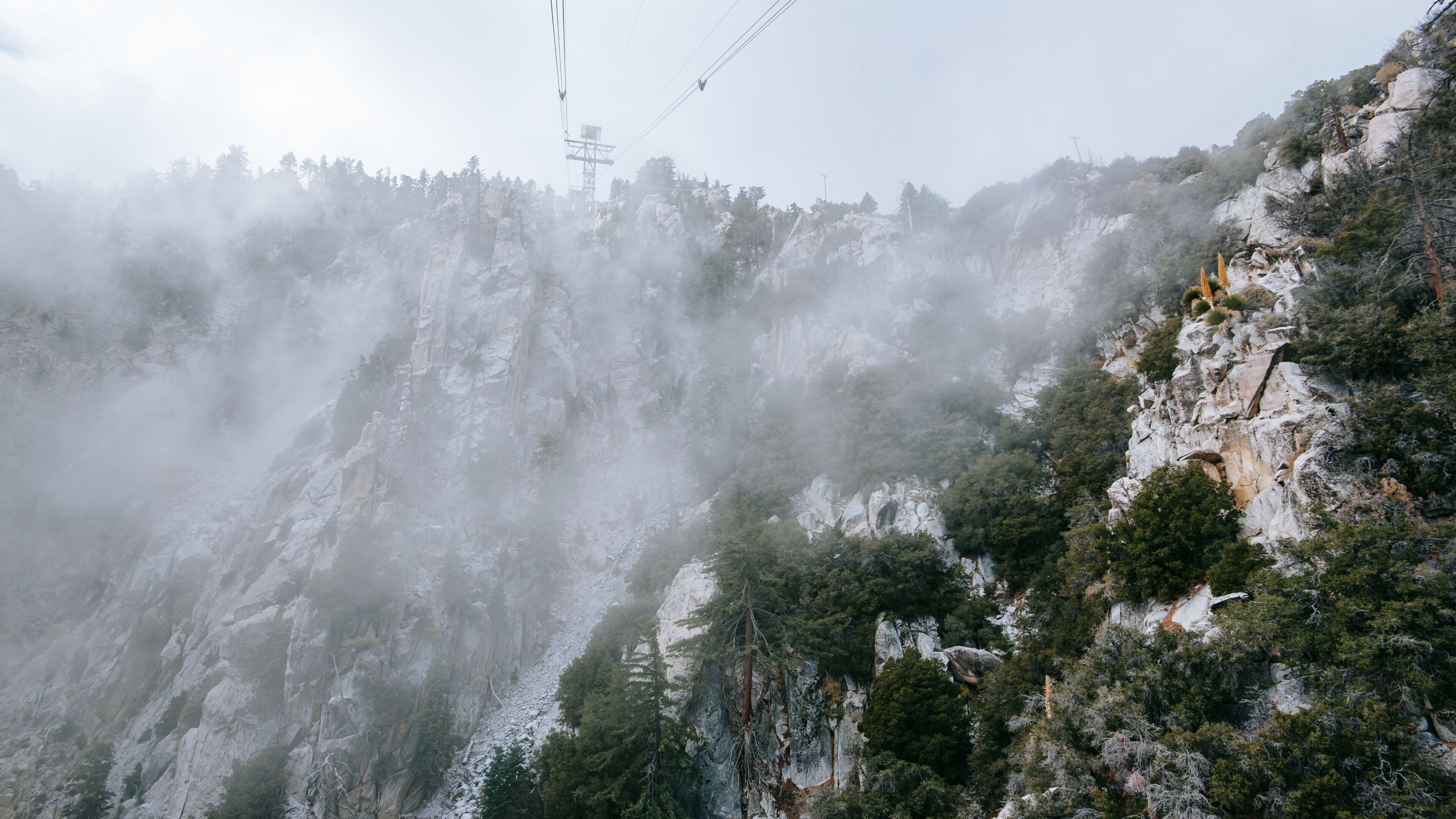 Palm Springs Aerial Tramway featuring mountains, mist or fog and a gondola