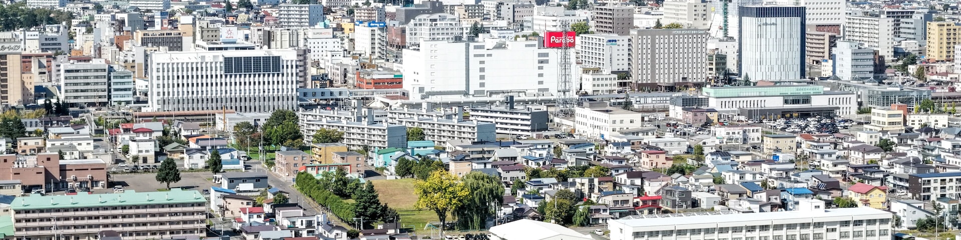 Una zona urbana densamente poblada con una mezcla de edificios residenciales y comerciales, una torre destacada y un paisaje montañoso al fondo.