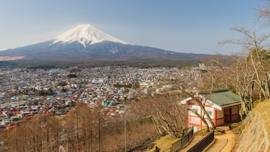 Fujikawaguchiko which includes a city, mountains and landscape views