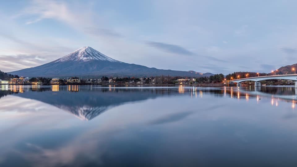 Mount Fuji with reflection seen at Lake Kawaguchi, Fujikawaguchiko, Yamanashi Prefecture, Japan