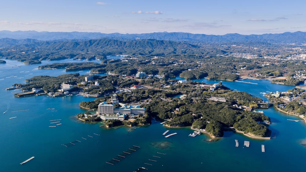 An aerial view of a coastal town with a prominent building surrounded by lush greenery and a bay with boats.