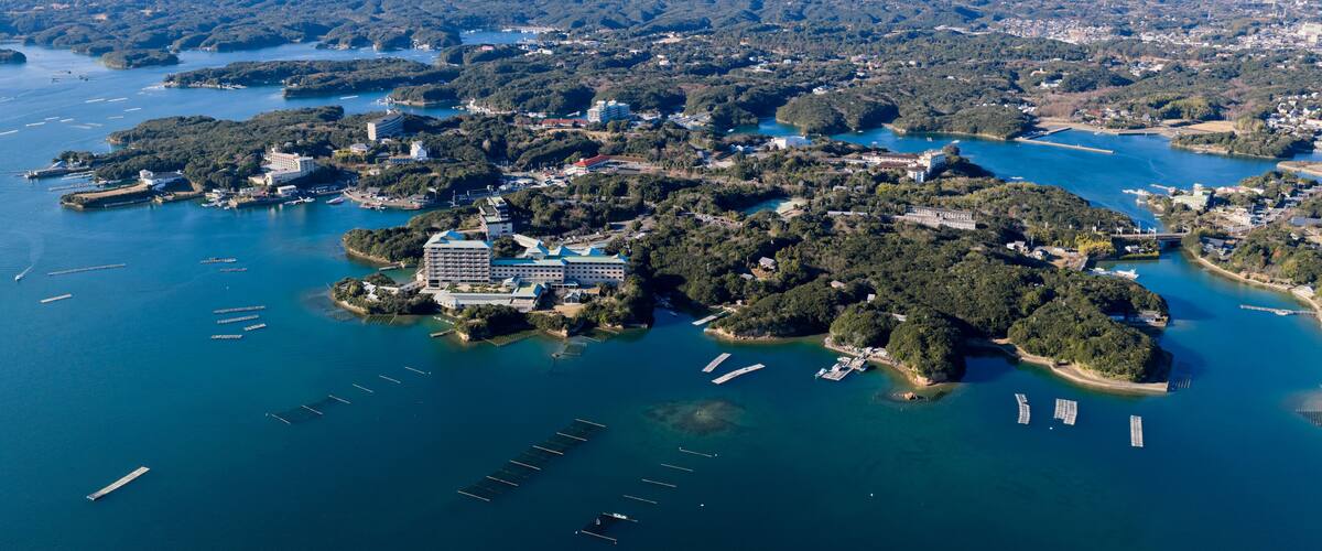 Aerial View of Kashikojima Island and Luxury Resorts in Ago Bay, Shima, Japan
