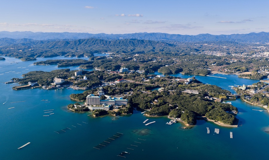 Aerial View of Kashikojima Island and Luxury Resorts in Ago Bay, Shima, Japan