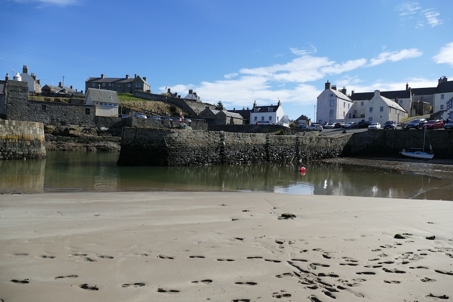 view over the inner harbour at Portsoy looking towards the old fishing and boatbuilding houses