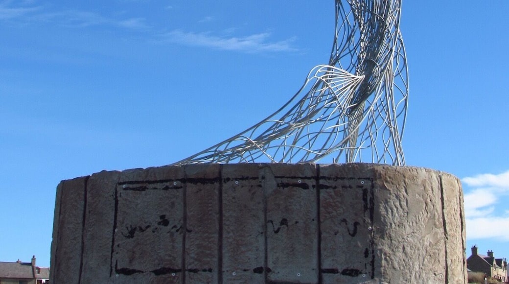 Eight years ago, Carn Standing met a young woman on the Doonie beside the remains of the gable end at Portsoy Harbour. She was disabled and very ill, but had been camping there for a number of weeks. He asked her why she was there, to which she replied that she’d been waiting for the dolphins. Carn was inspired by her spirit and determination, and since this encounter, seeing dolphins has always reminded him of this brave woman. This prompted him to create a life size dolphin sculpture out of mild steel and galvanized to protect it from rust, for the 2014 'Scottish Traditional Boat Festival' in Portsoy.