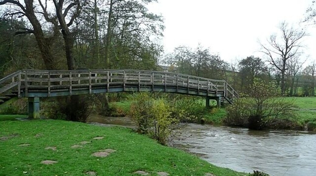 Bridge over the River Clun This pedestrian bridge gives access from the car park to the castle ruins. The River Clun is flowing strongly after recent heavy rain.