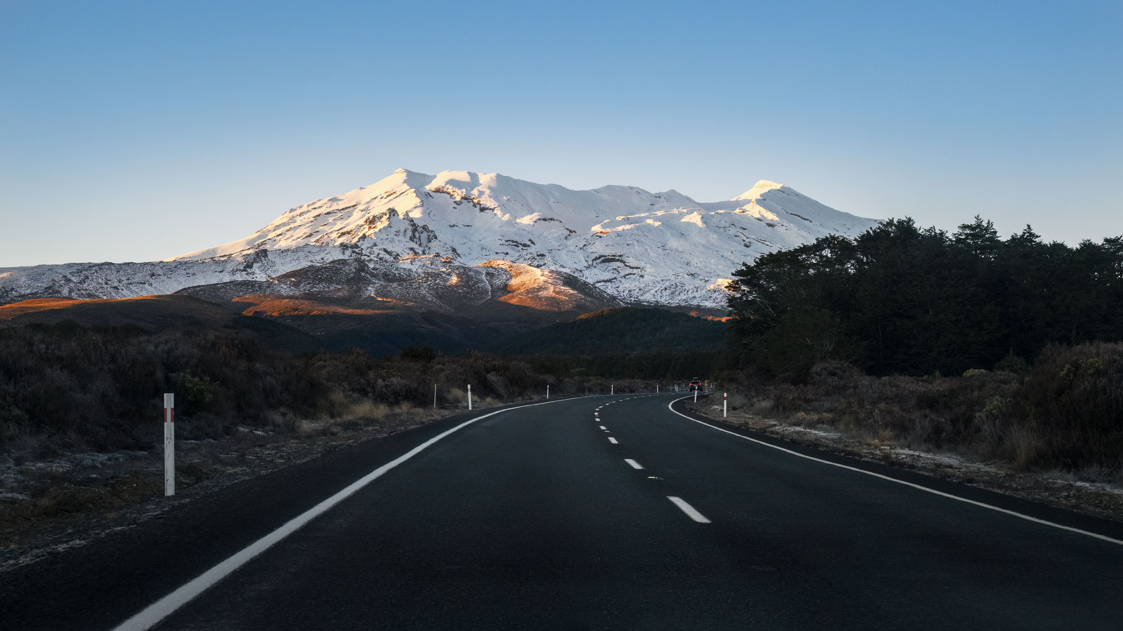 Road to Mt Ruapehu at sunrise. Tongariro National Park. New Zealand.