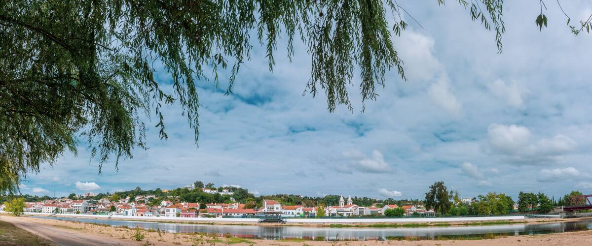 A riverside town with red-roofed buildings, a bridge, and a church on a hill.