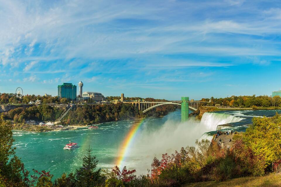 A river with a waterfall, a bridge, and a Ferris wheel.