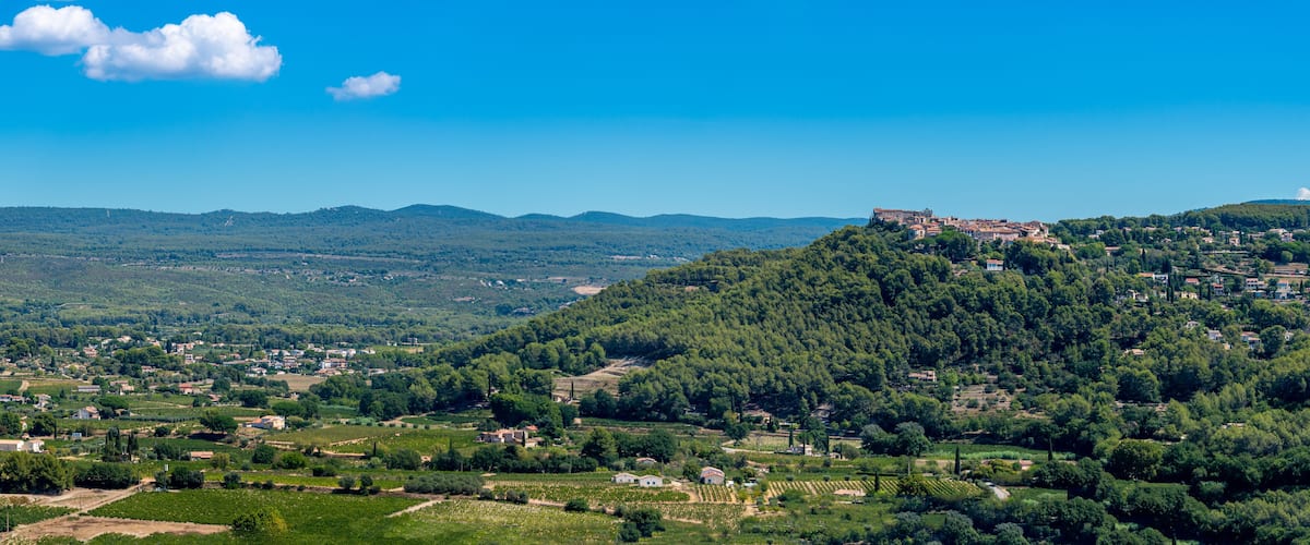 A hillside village with terraced vineyards and a castle on top.