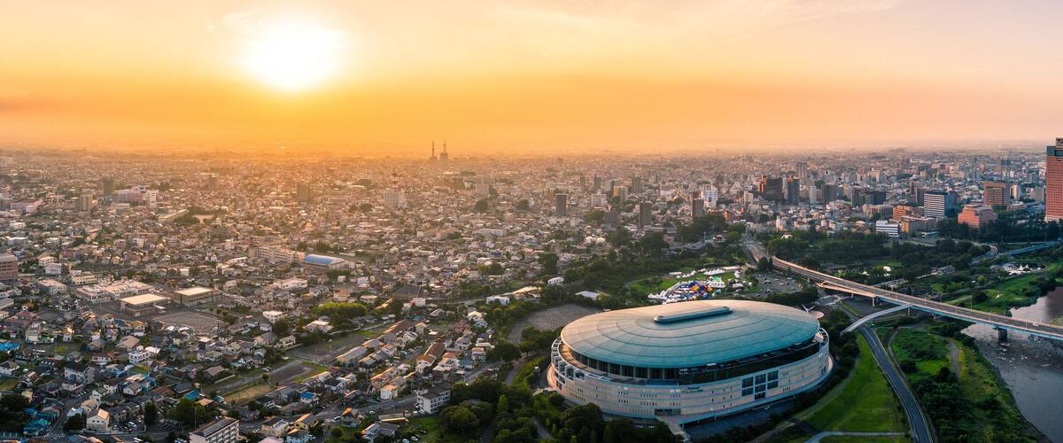 Aerial drone photo - Sunrise over the city of Maebashi, Gunma Prefecture. Japan, Asia