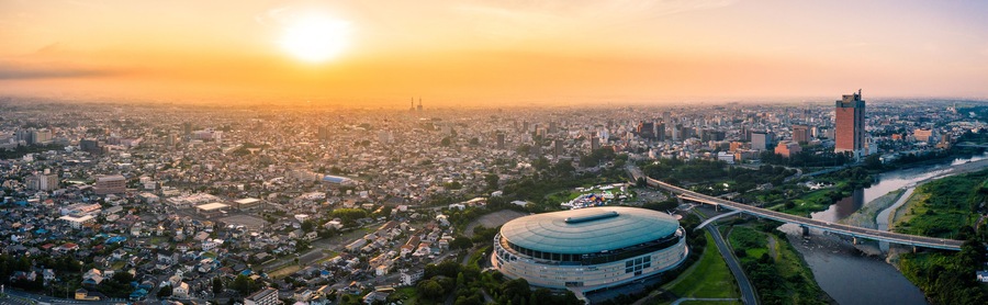 Aerial drone photo - Sunrise over the city of Maebashi, Gunma Prefecture. Japan, Asia