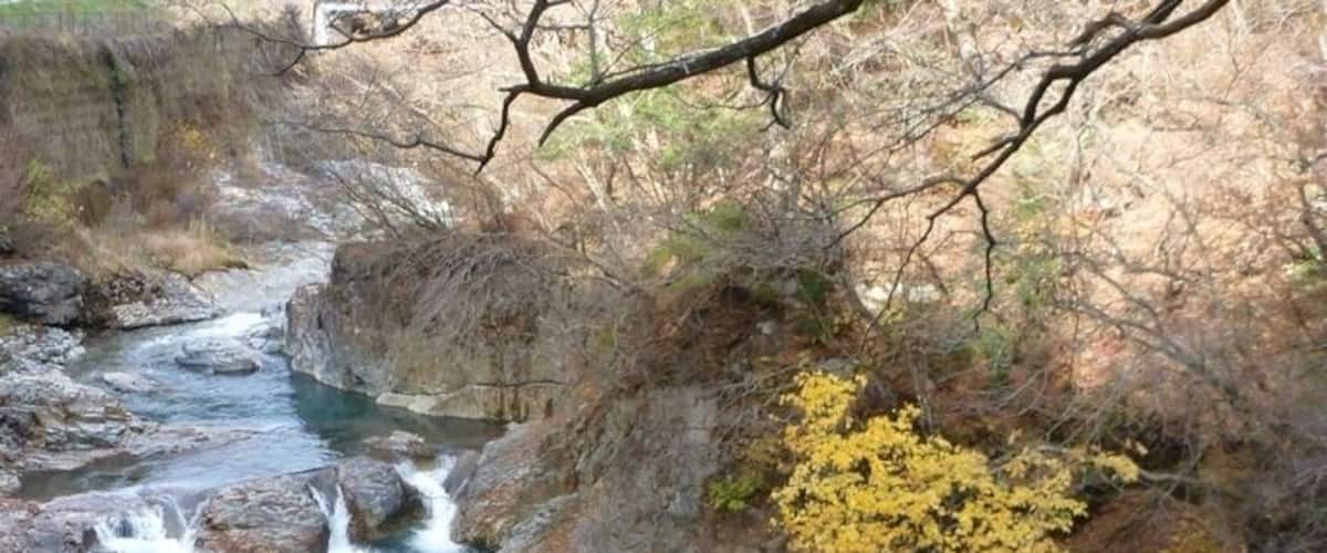 A river flowing through a rocky landscape with a waterfall and yellow foliage.