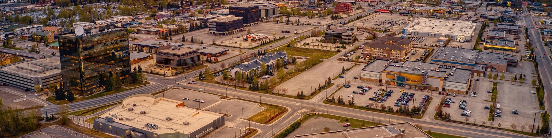 Aerial View of a Sunset over the Midtown Business District of Alaska