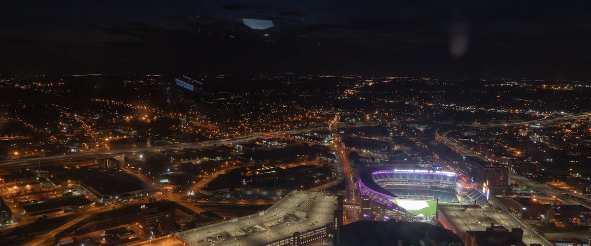 Minneapolis aerial night Twins Stadium and city