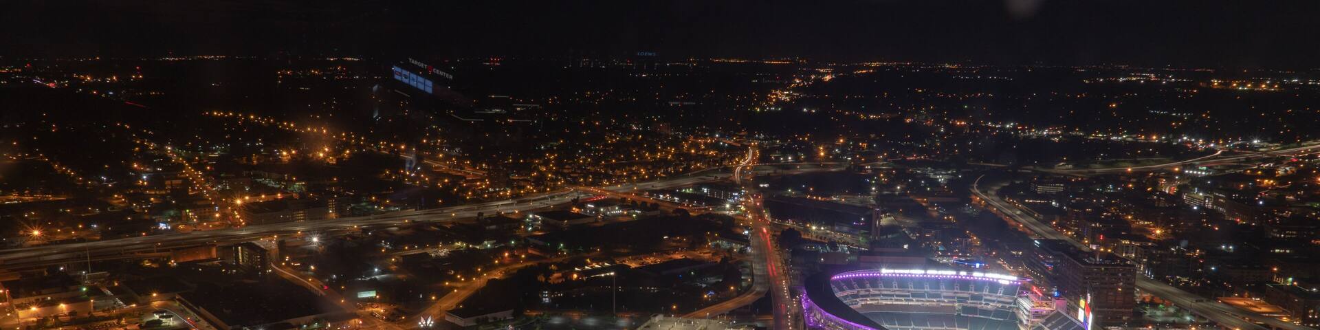 Minneapolis aerial night Twins Stadium and city