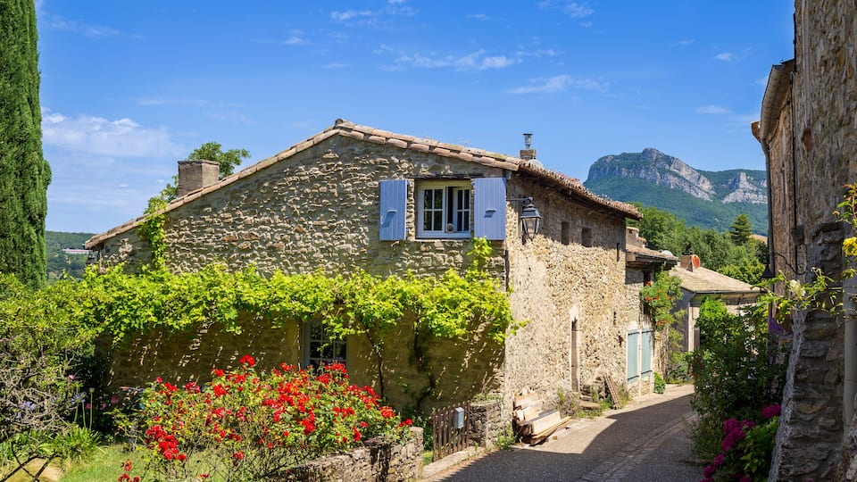 A stone house with a thatched roof, surrounded by lush greenery and red flowers.