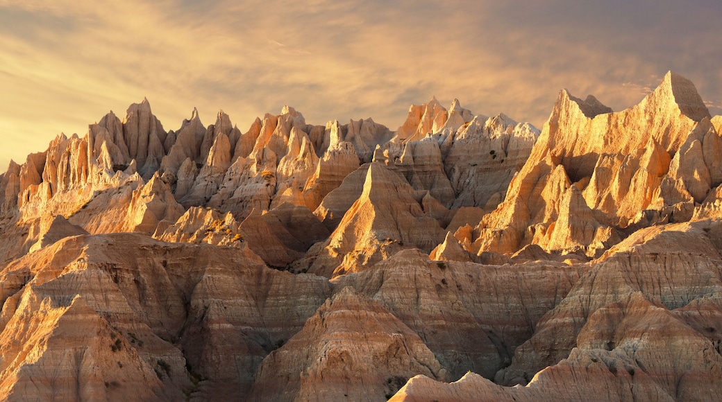 The Jagged Eroded Peaks in Badlands National Park at Sunset