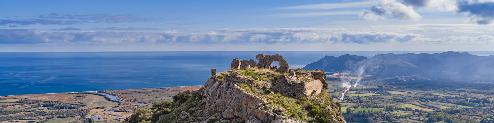 Aerial view of Quirra Castle on the top of Mount Cudias, Villaputzu, Cagliari, Sardinia, Italy
