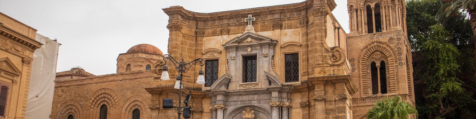 wide View of Piazza Bellini Square, Santa Maria dell'Ammiraglio Church known as Martorana Church and San Cataldo church. Palermo, sicily, Italy