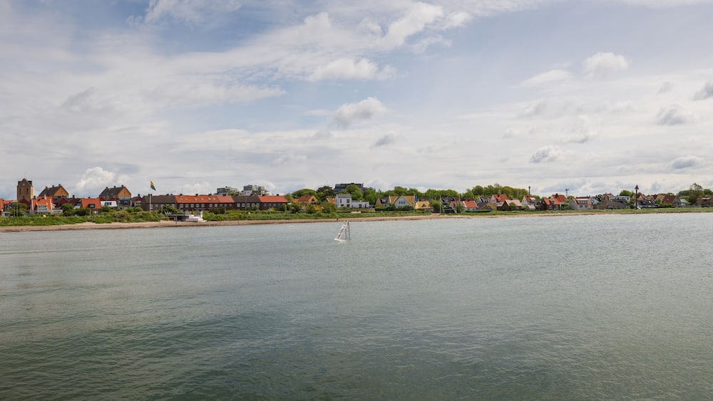 Panoramic view over city beach (Kvickbadet) in Hoganas, Sweden. Popular tourist destination.