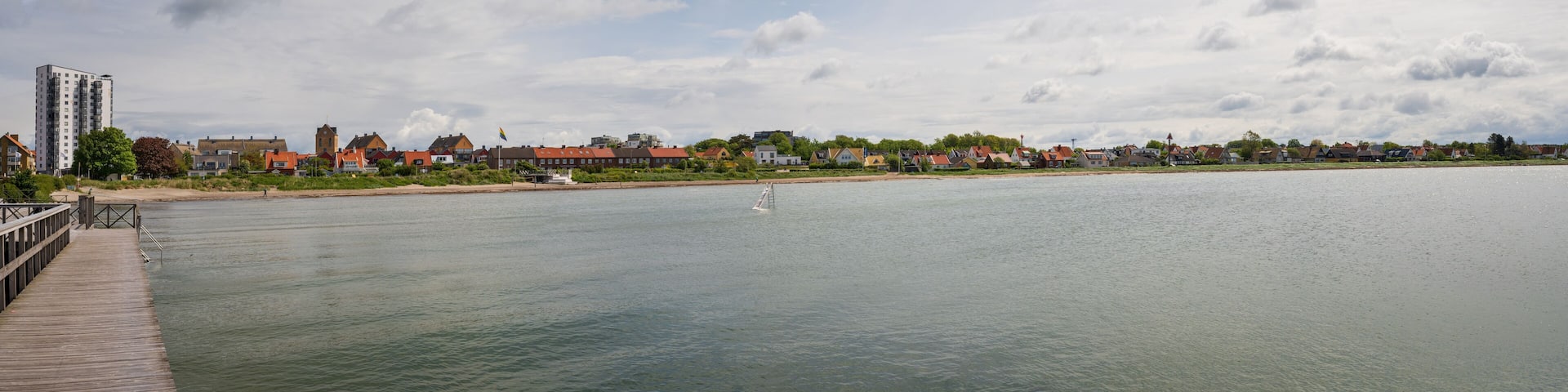 Panoramic view over city beach (Kvickbadet) in Hoganas, Sweden. Popular tourist destination.