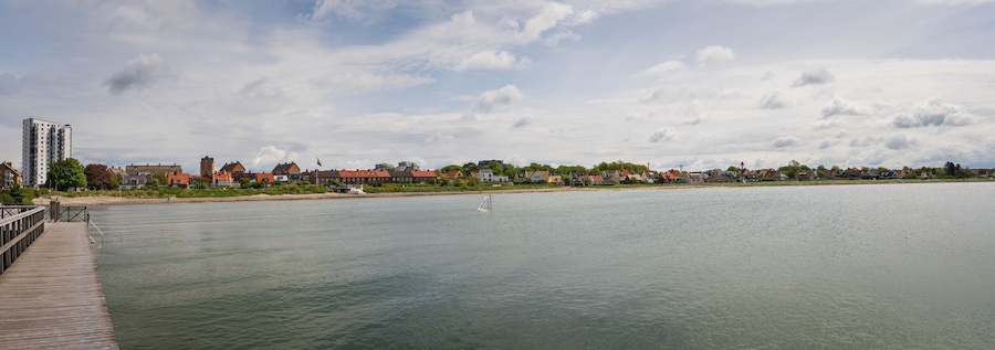 Panoramic view over city beach (Kvickbadet) in Hoganas, Sweden. Popular tourist destination.