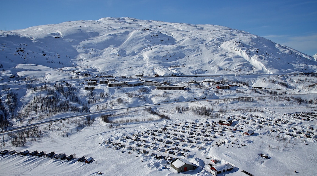 Riksgransen showing snow and a small town or village
