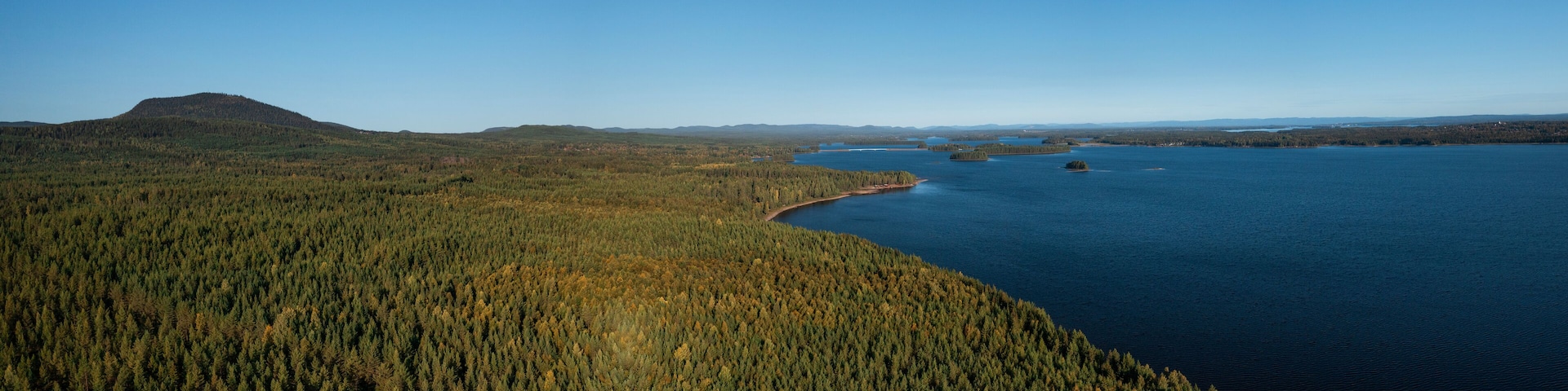 Green forest and lakeshore at Lake Siljan from above with blue sky in Dalarna, clouds in sky, Sweden.