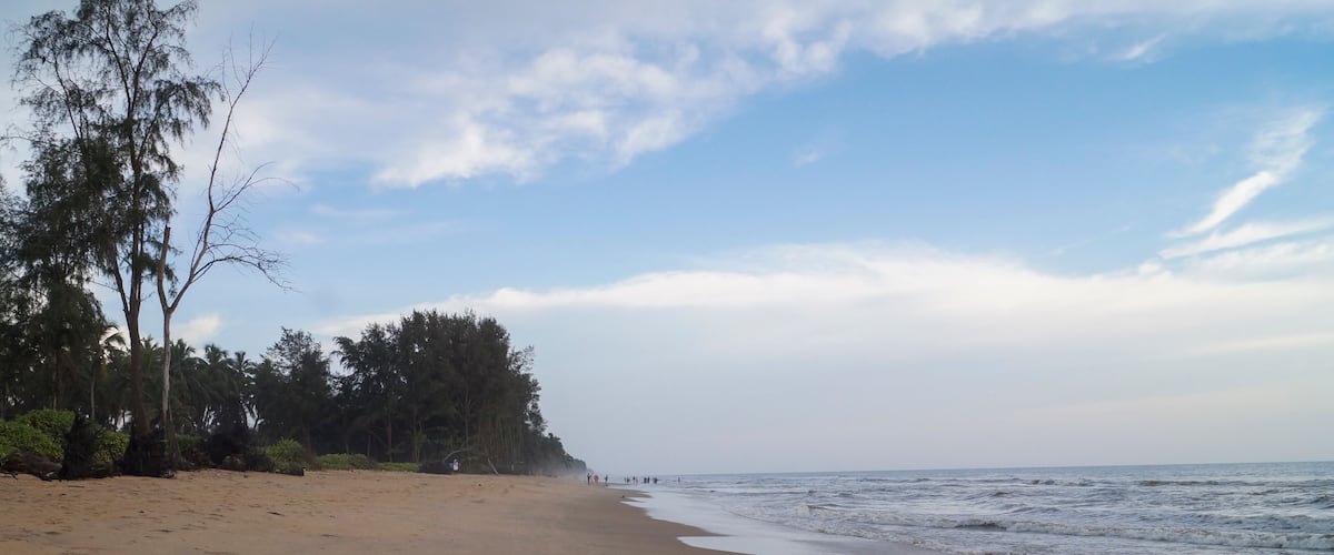 A sandy beach with a calm sea, a few people, and dense trees in the background.