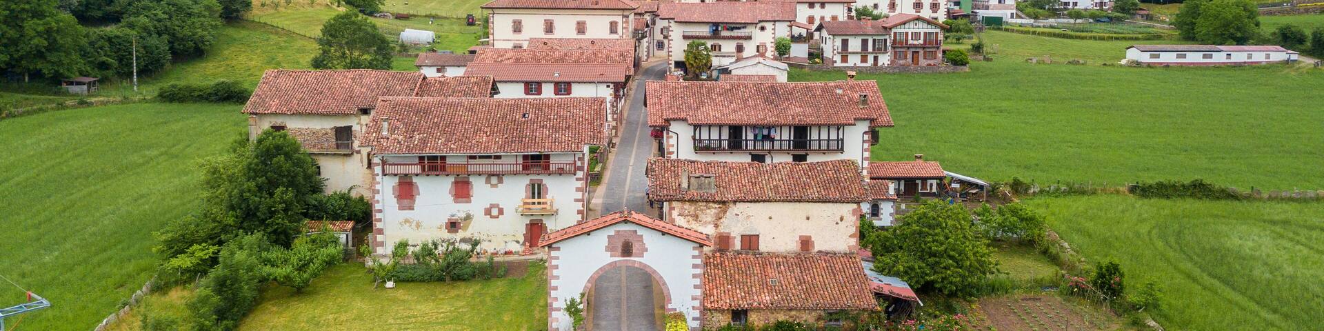aerial view of ziga rural town in baztan valley, Spain