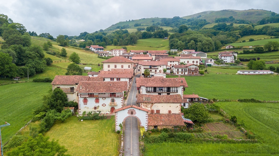 aerial view of ziga rural town in baztan valley, Spain