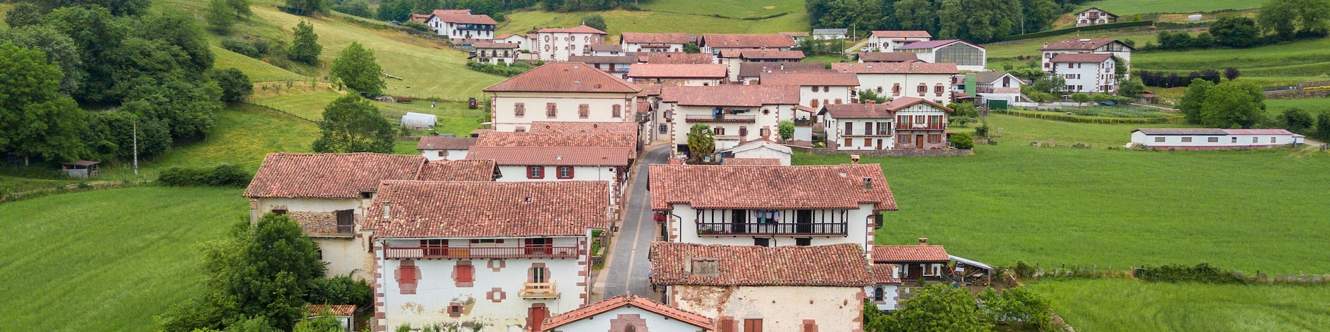 aerial view of ziga rural town in baztan valley, Spain