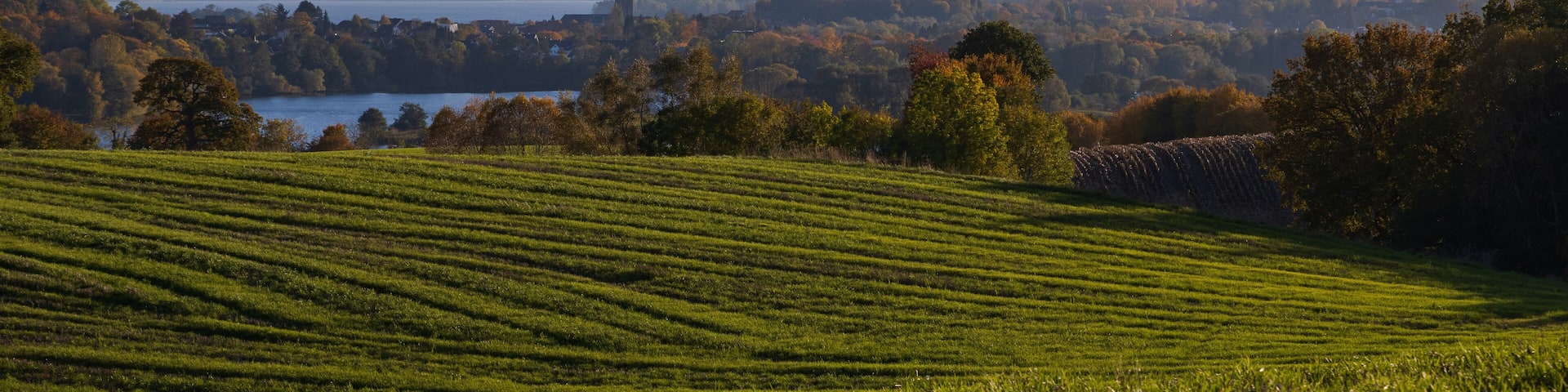 Magnificent panoramic view to hilly fields and Plön castle in the middle of romantic lake area in Schleswig-Holstein in autumn.