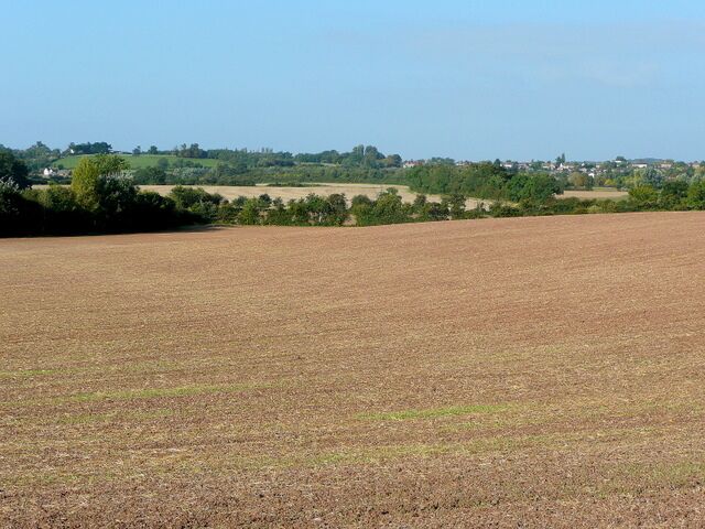 Una extensa pradera con una vista lejana de un pueblo y colinas ondulantes.
