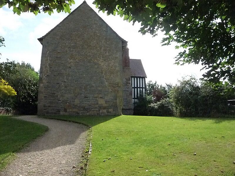 Odda's Chapel and (right) Abbot's Court, Deerhurst, Gloucestershire, seen from the northwest