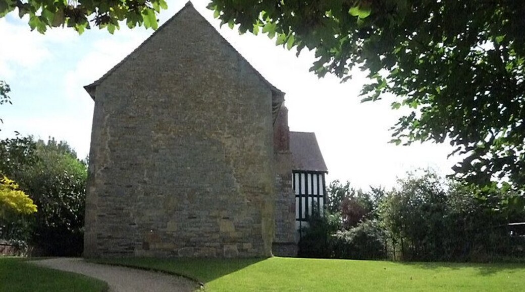 Odda's Chapel and (right) Abbot's Court, Deerhurst, Gloucestershire, seen from the northwest