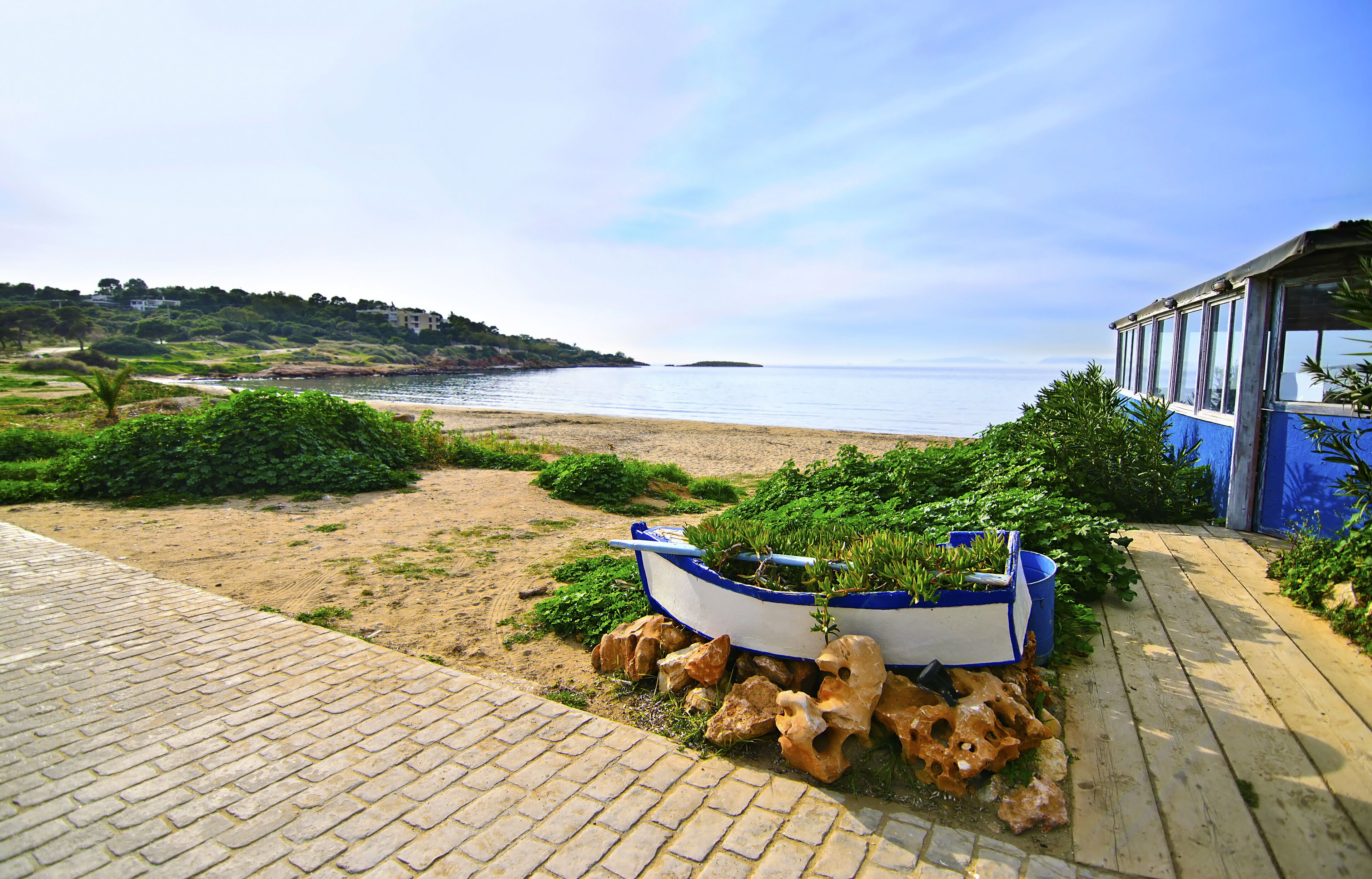 A beach with a boat filled with plants, a wooden boardwalk, and a distant shoreline with buildings.