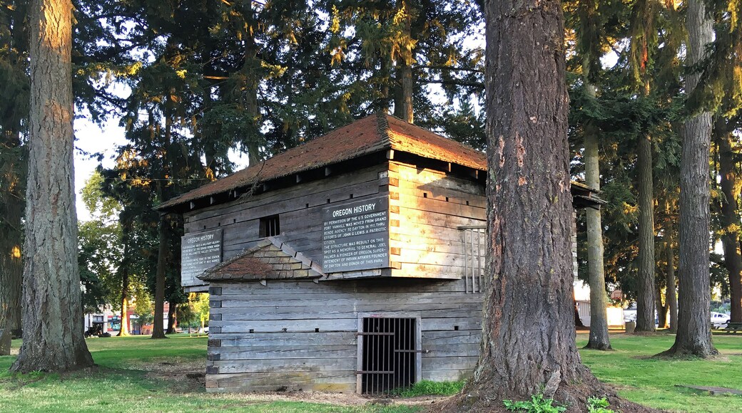 This blockhouse was originally part of Fort Yamhill from 1856-1866. The eight-sided design made it easier to defend, as rifle ports could be placed every 45 degrees instead of every 90 degrees.
In its later years the blockhouse was used as a jail before being rescued and relocated to Dayton in 1911.