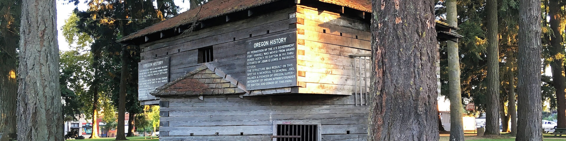 This blockhouse was originally part of Fort Yamhill from 1856-1866. The eight-sided design made it easier to defend, as rifle ports could be placed every 45 degrees instead of every 90 degrees.
In its later years the blockhouse was used as a jail before being rescued and relocated to Dayton in 1911.