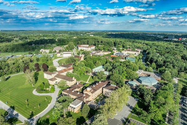 Aerial view of Goucher college, liberal arts undergraduate private education institution in Towson Maryland main campus, Pearlstone Student Center, Julia Rogers Library, Meyerhoff Arts Center