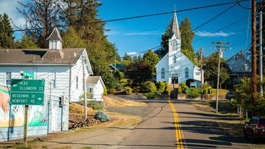 A rural road leading to a white church with a steeple, surrounded by houses and trees.