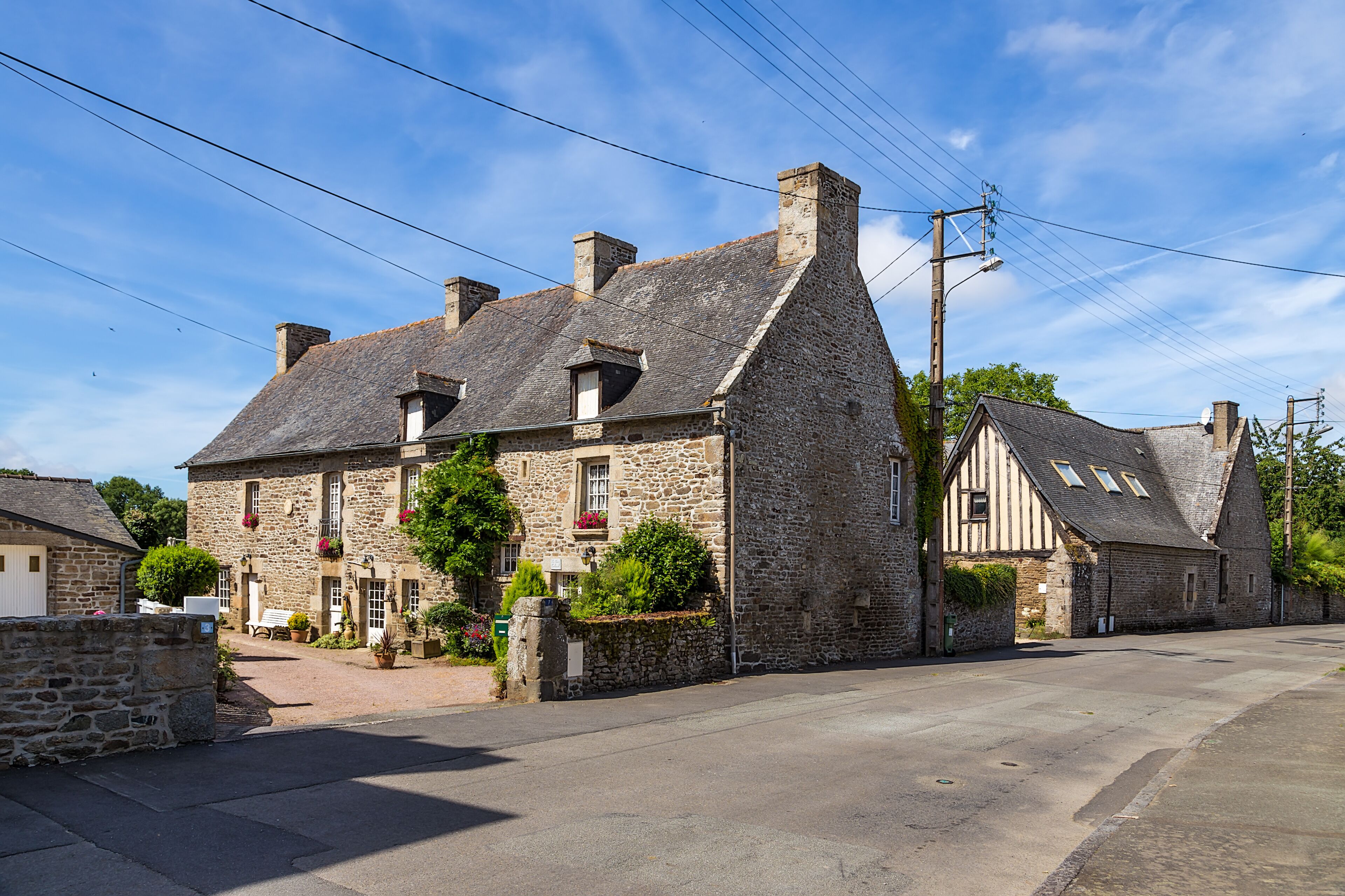 Lanvallay, France. Old stone buildings